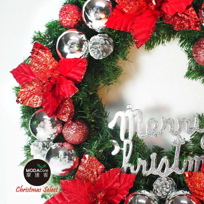 MODACore 摩達客 - 摩達客耶誕-20吋浪漫朵朵聖誕花豪華綠色聖誕花圈福臨圈(紅銀系)(台灣手工藝製/免組裝)  本島免運費