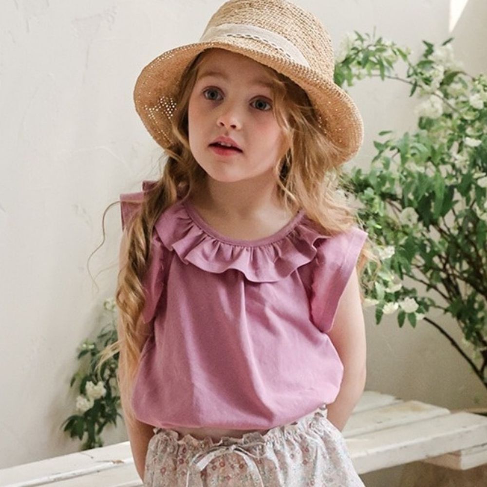 Puellaflo 清甜荷葉領純棉飛飛袖上衣-霧紫粉