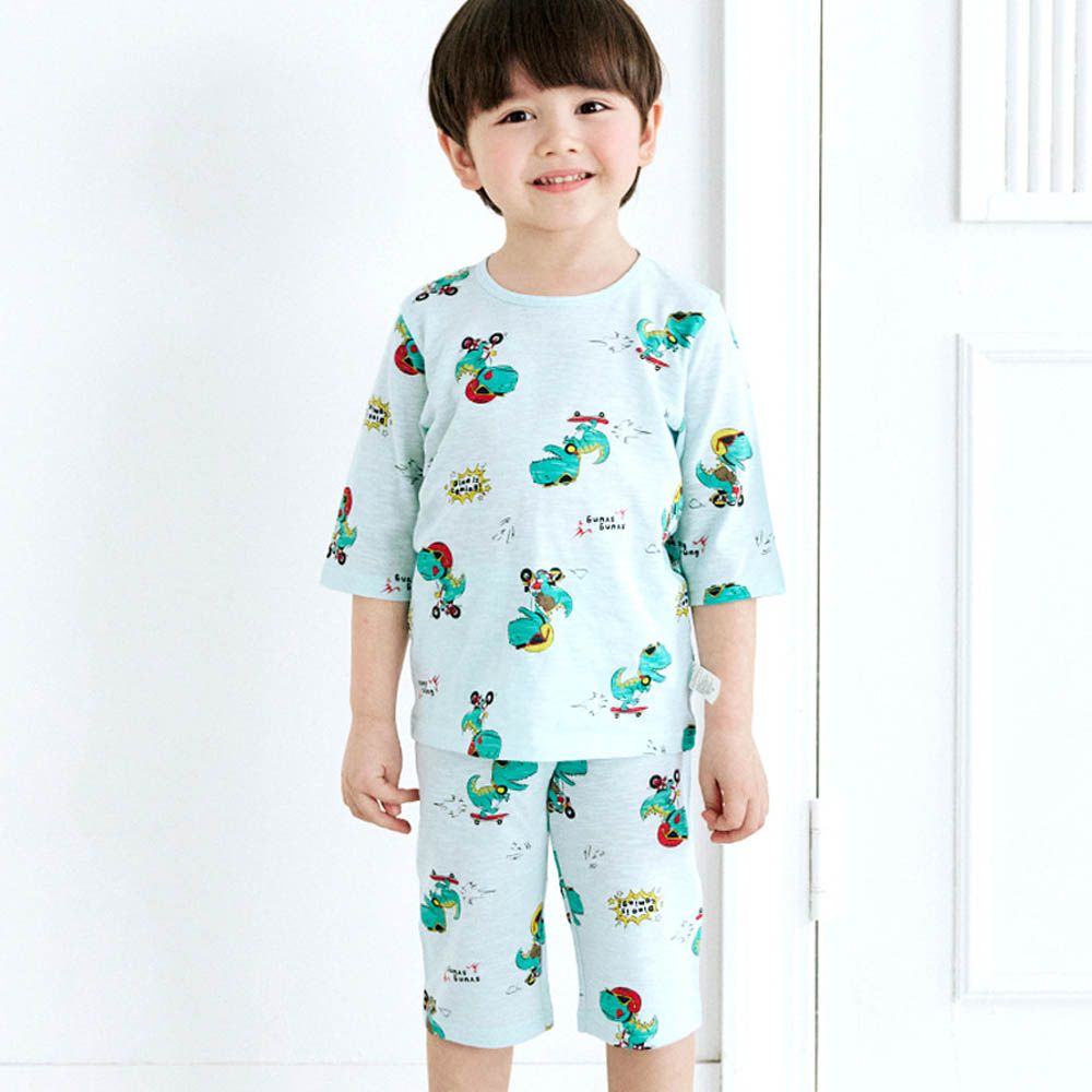 輕薄細柔棉七分袖家居服-滑板恐龍-天藍