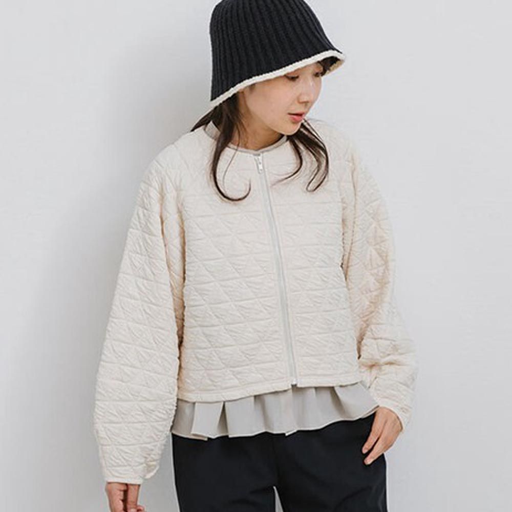 日本 ihuu - 輕盈感絎縫澎袖拉鍊外套-象牙白
