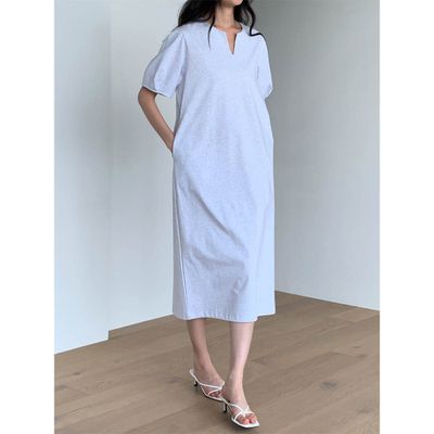 韓國女裝連線 - 休閒小V領五分袖連身洋裝-淺白灰 (FREE)