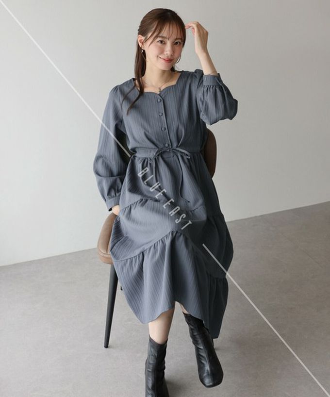 日本 BLUE EAST - 美型桃心領腰綁帶分層泡泡袖洋裝-黑