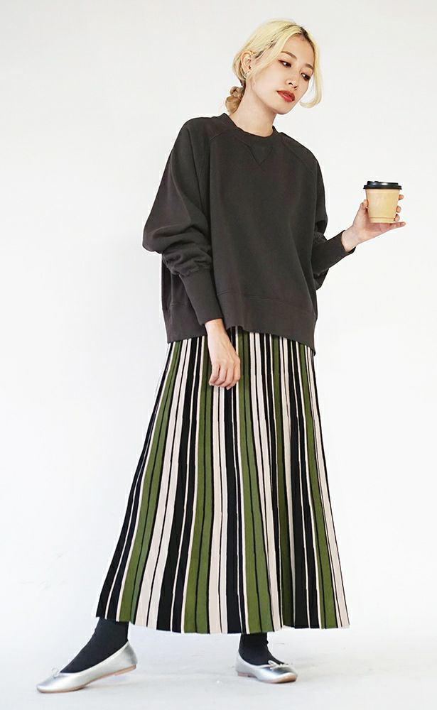 日本 zootie - 印象派彩色條紋針織長裙-綠黑系-M