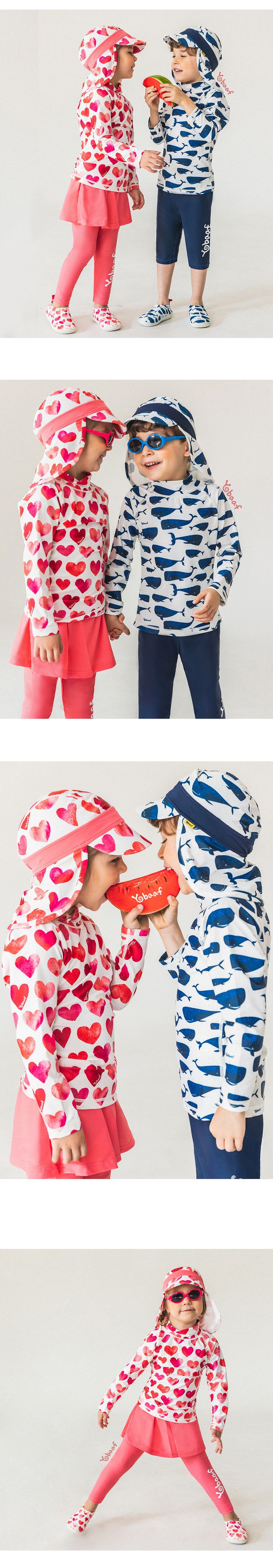 韓國 Yobaaf - UPF50+兒童兩件式防曬泳裝-桃粉愛心