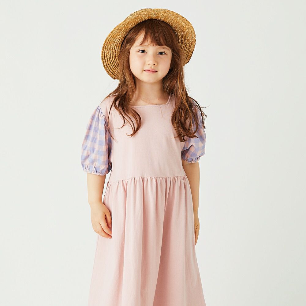 日本 evercloset - 溫柔方領格子袖長版洋裝-紫粉紅