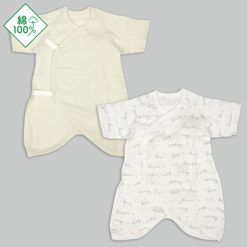 7分袖蝴蝶裝2件組-按扣款 火車-綠色 (50~60cm)