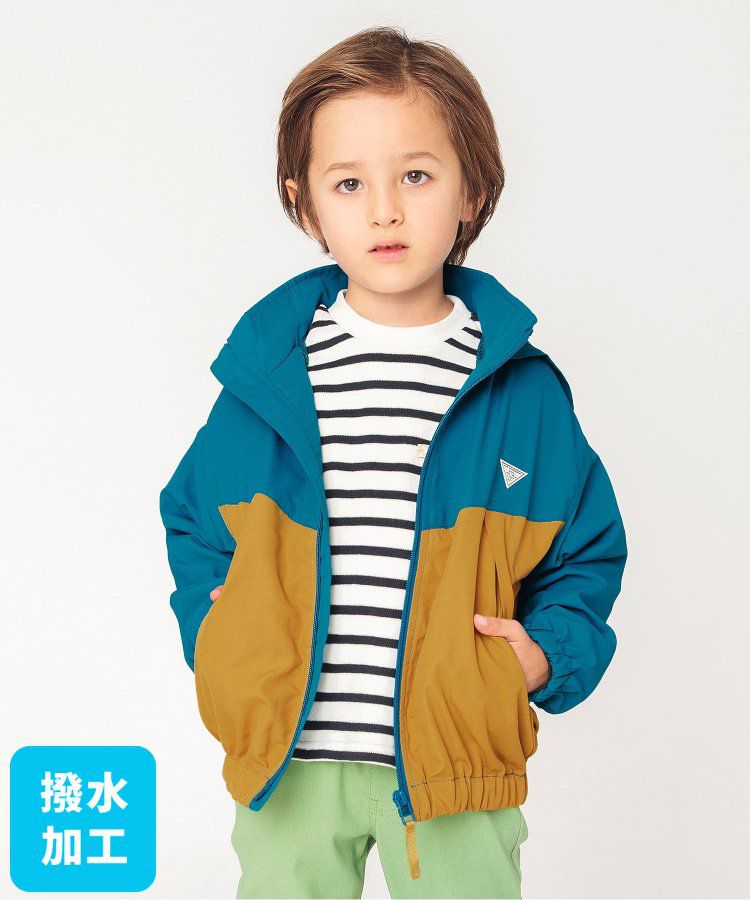 日本 BREEZE - 防潑水繽紛撞色連帽休閒外套-土耳其藍x棕