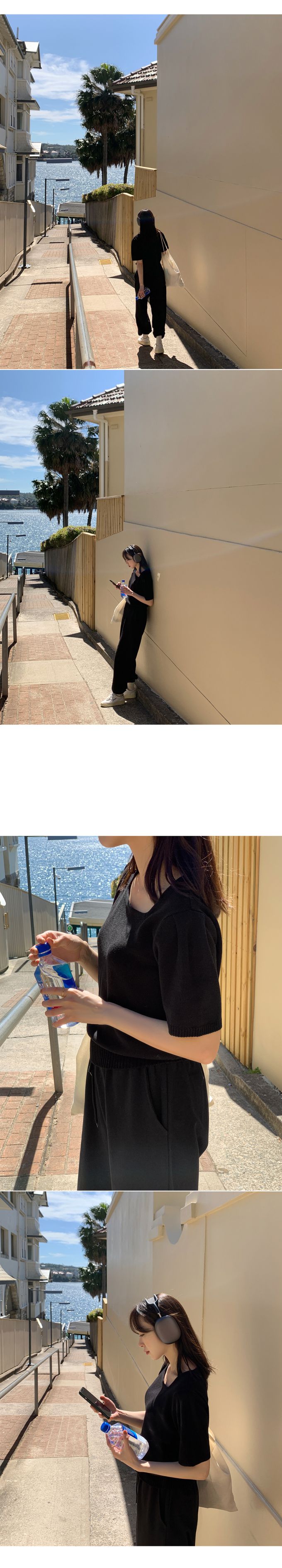 韓國 98doci - 氣質方領針織短袖上衣-黑