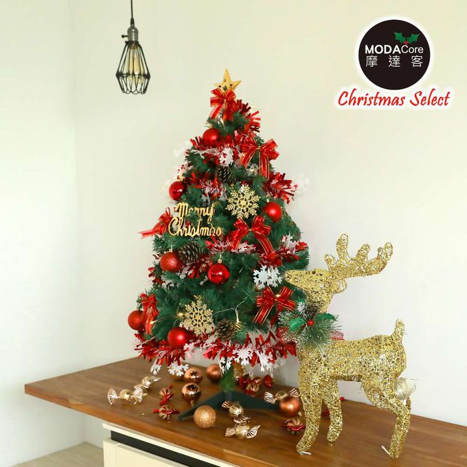 MODACore 摩達客 - 摩達客台製3尺/3呎(90cm)豪華型裝飾綠色聖誕樹/火焰金白大雪花紅果球系全套飾品組不含燈/本島免運費