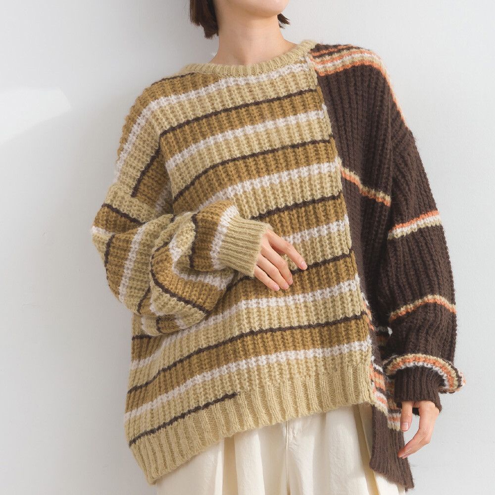交錯明亮撞色條紋粗編毛衣-棕色系