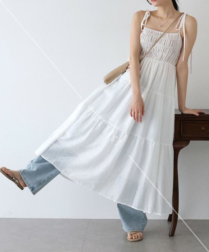 日本 BLUE EAST - 清爽透膚感皺摺綁帶分層洋裝-灰