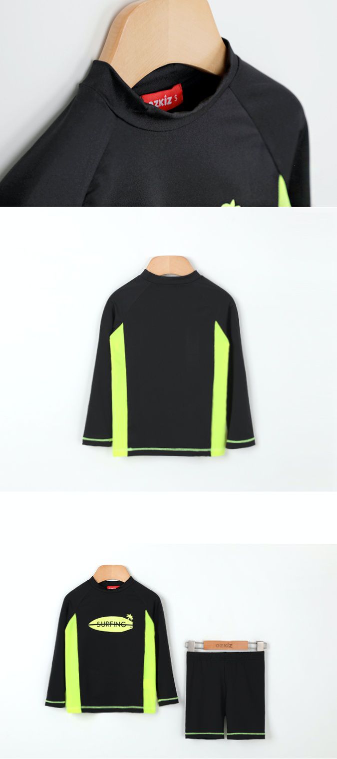 韓國 OZKIZ - 長袖防曬兒童泳衣-二件組-黑色椰子島