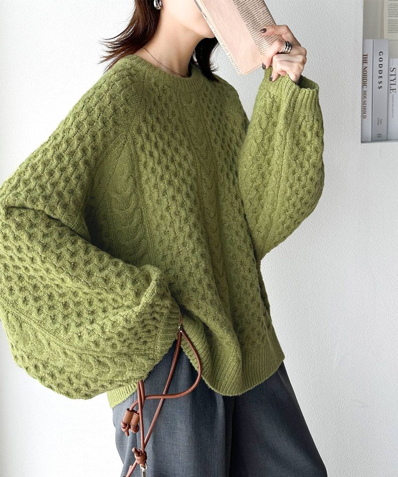 日本 Classical Elf - 百搭粗麻花編織落肩毛衣-草綠