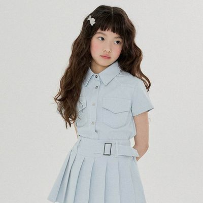 韓國 FORK CHIPS - 經典修身丹寧翻領襯衫-淺藍