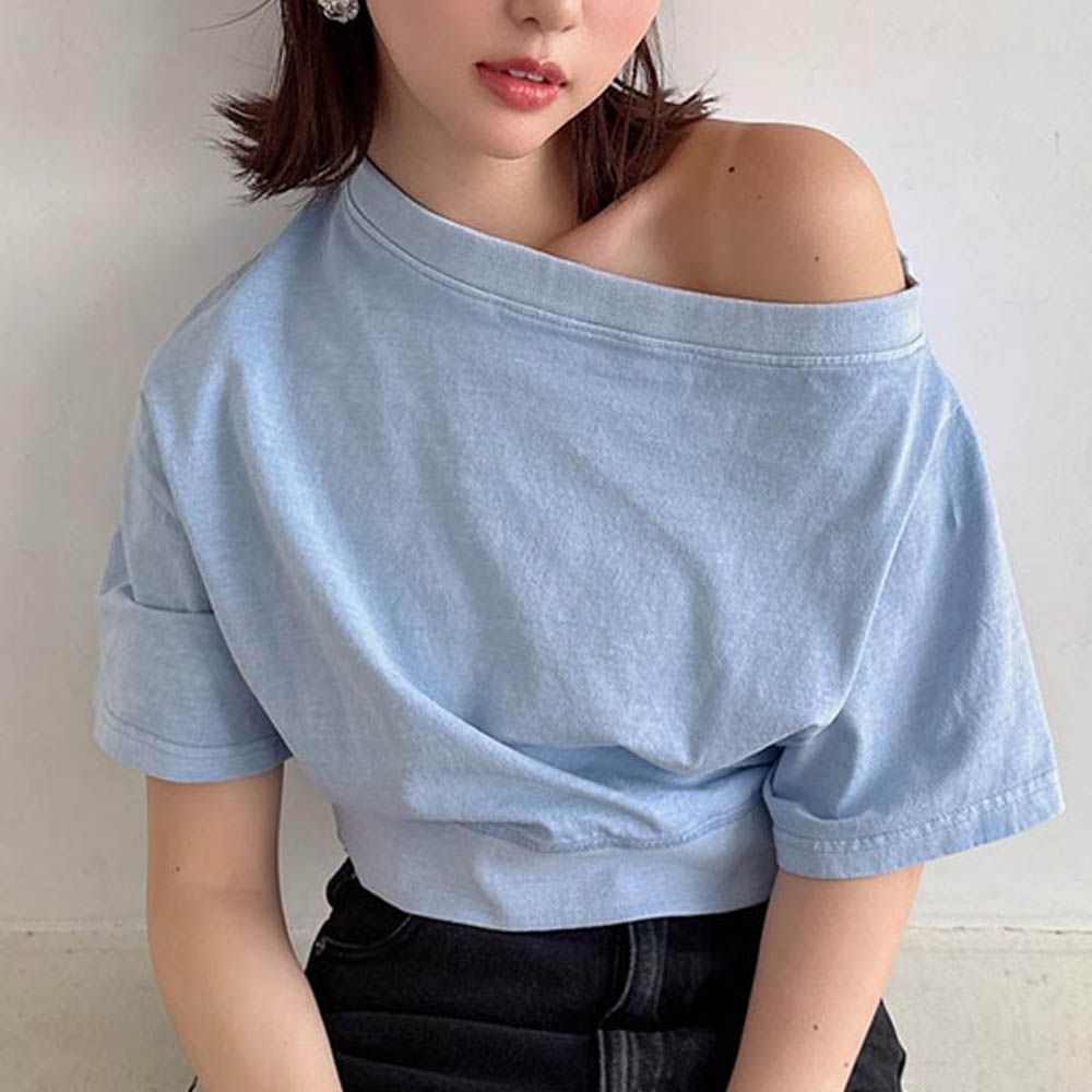 一字領時尚短版露肩上衣-水藍 (F)