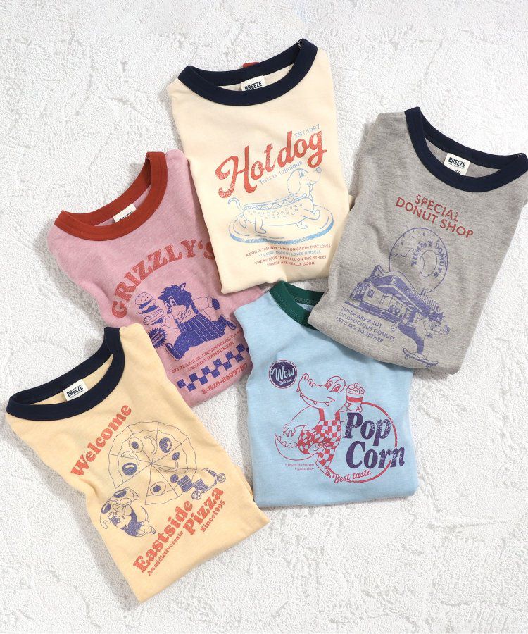 日本 BREEZE - 美式復古印花撞色邊短袖上衣-甜甜圈店-灰