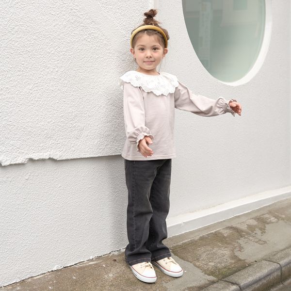 日本 Lycee mine - 大片荷葉蕾絲領束口長袖上衣-薰衣草