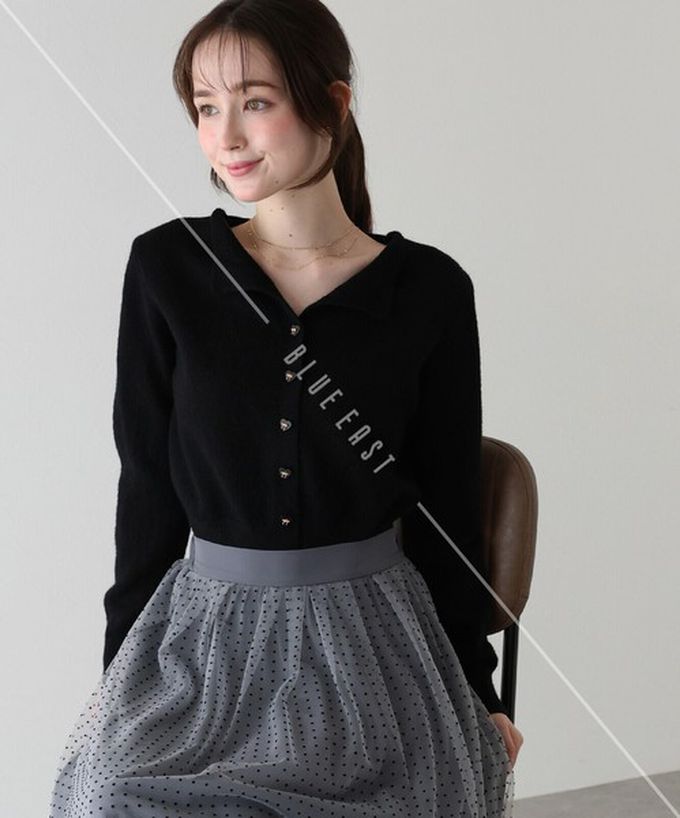 日本 BLUE EAST - 愛心蝴蝶結扣成熟甜美針織開襟衫-黑 (M)
