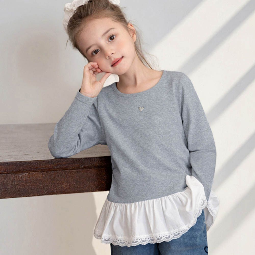 蕾絲花邊拼接長袖上衣-灰色