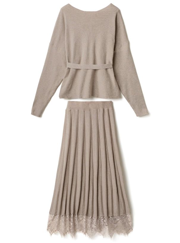 日本 GRL - V領綁帶上衣x蕾絲百褶長裙2件組-典雅黑