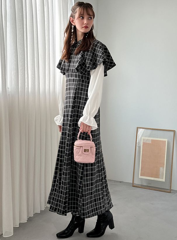 日本 GRL - 斗篷領格紋拼接兩件式洋裝-黑