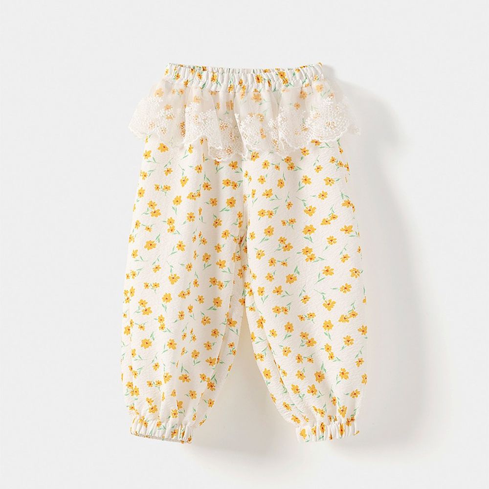 鬆緊腰夏日風情網紗點綴防蚊褲-小黃花-米白