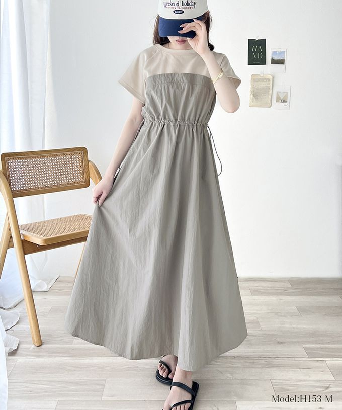 日本 Classical Elf - 法式袖拼接縮腰抽繩洋裝-卡其x淺灰