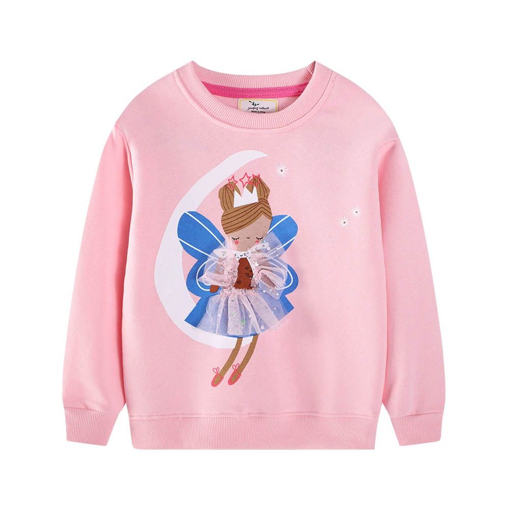 棉質圓領長袖上衣/大學T-美麗仙子-粉色