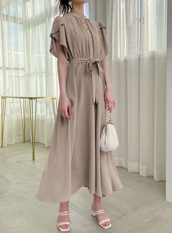 日本 GRL - 柔美綁帶花朵袖雪紡洋裝-冰河灰