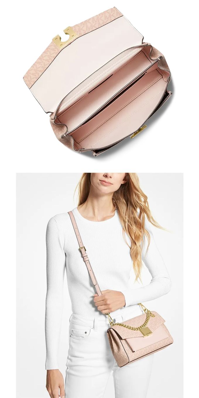 MICHAEL KORS - 滿版logo拼接皮革斜背包 (粉紅)