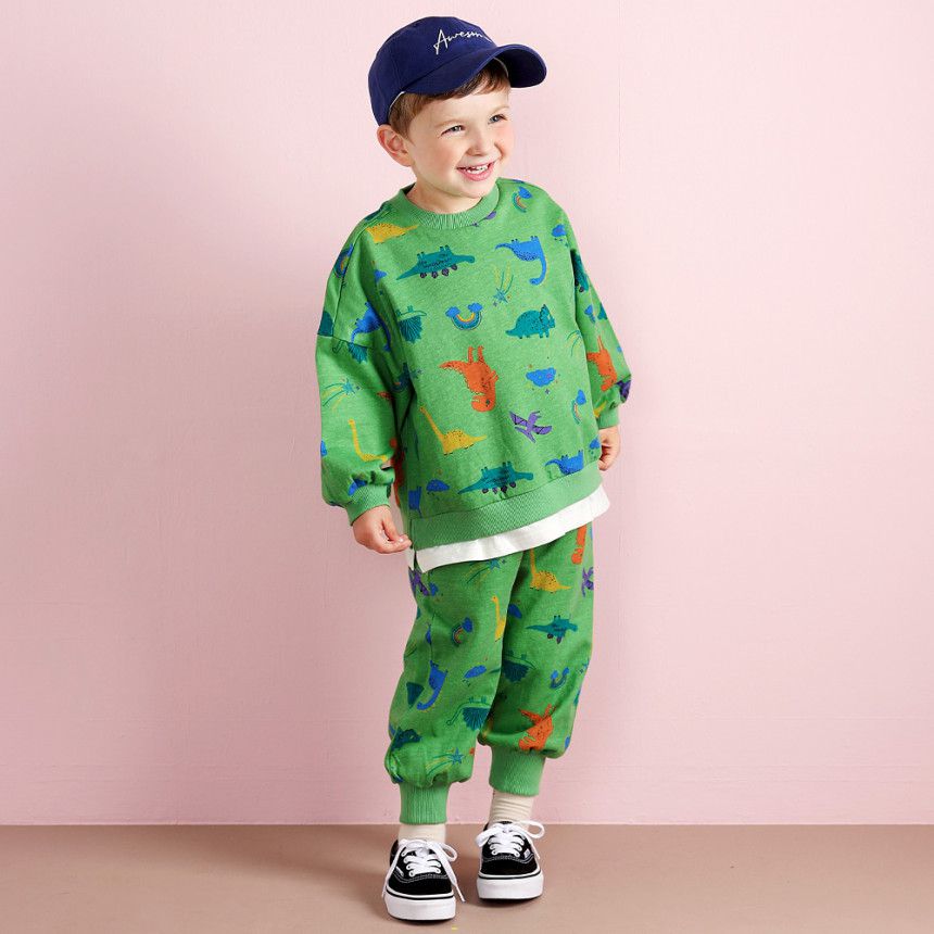 韓國 WALTON kids - 滿版恐龍圖畫圓領長袖套裝-奶油白