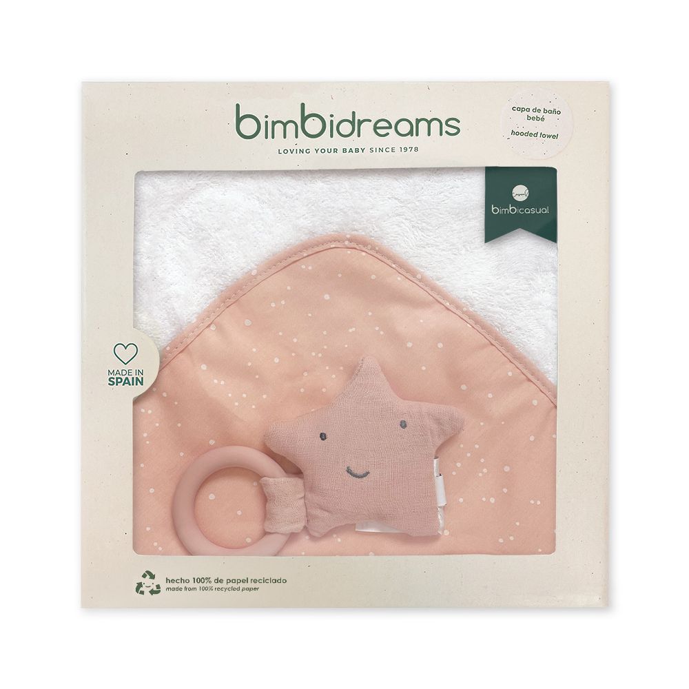 【bimbidreams】竹纖維連帽浴巾+星星固齒器禮盒 75x75cm(寶寶新生兒禮 滿月禮 彌月禮 嬰兒禮盒)-粉紅
