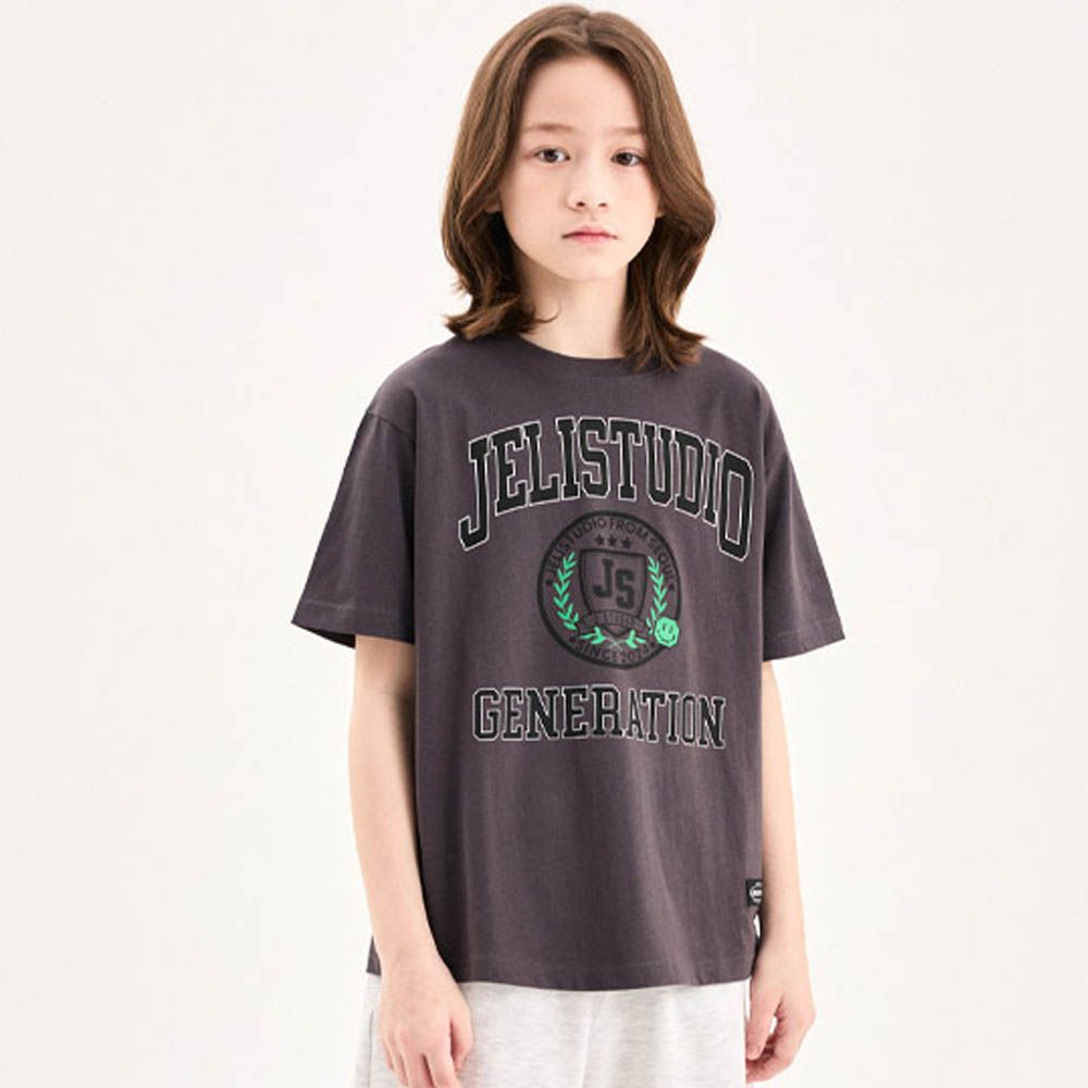 學院文字圖案純棉短袖上衣-深灰