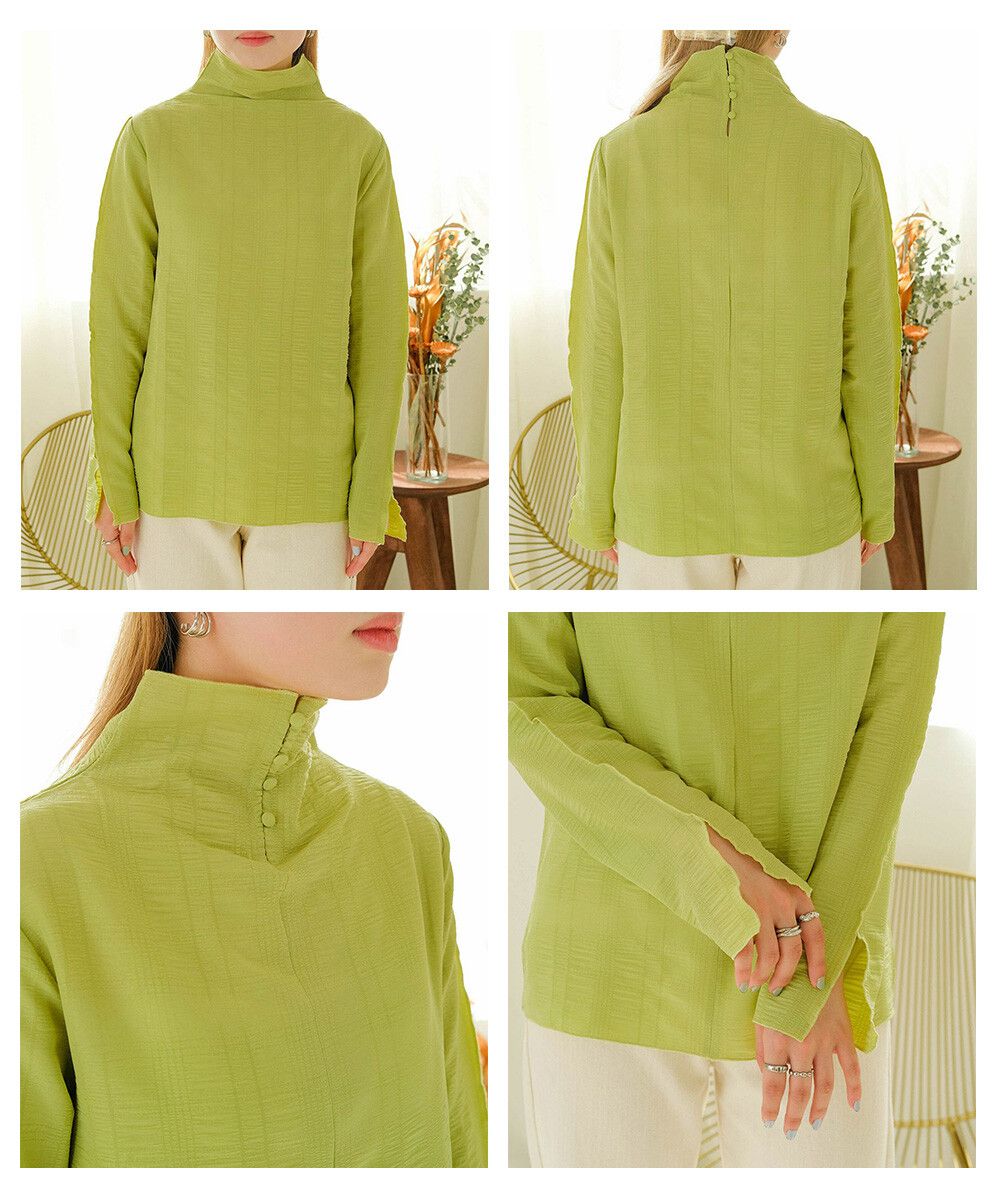 日本 Bab - 質感皺縮木耳領長袖上衣-酪梨綠