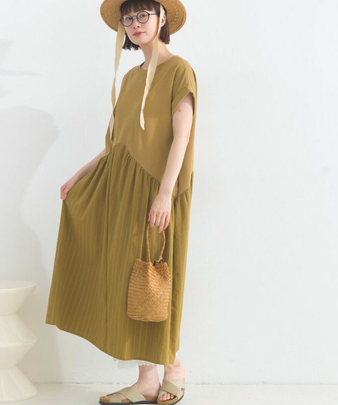 日本 Lupilien - [人氣款]亞麻混紡條紋拼接短袖洋裝-芥末黃