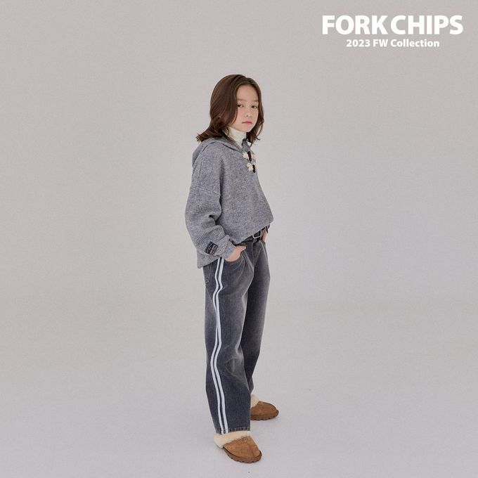 韓國 FORK CHIPS - (內磨毛)鬆緊腰雙線條點綴牛仔長褲-黑灰