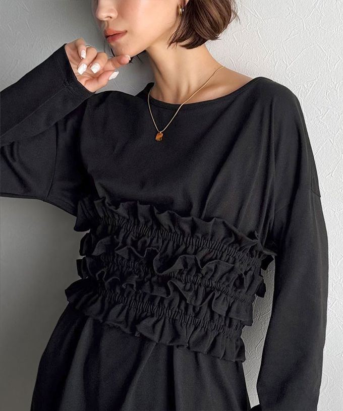 日本 Classical Elf - 時尚造型圓領長袖上衣(附荷葉腰帶)-炭灰