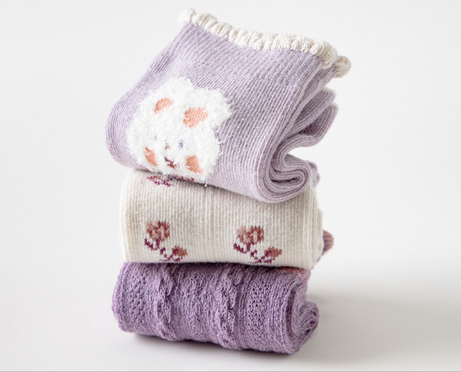 love, charlotte - 香芋玫瑰小兔子花邊中筒襪-5 雙一組