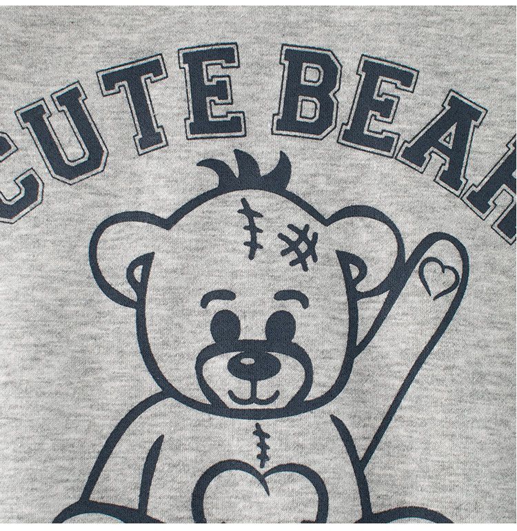 加絨棉質圓領長袖上衣/大學T-可愛熊熊-灰色
