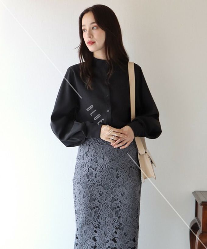 日本 BLUE EAST - 知性小立領澎澎氣球袖襯衫-黑