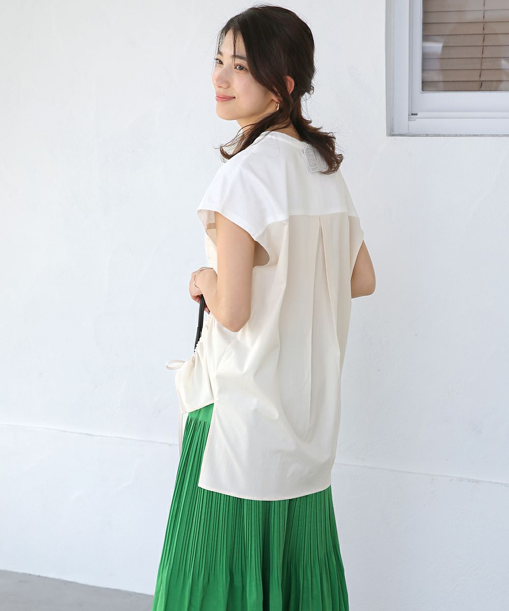 日本 Bab - 撞色拼接抽繩法式袖上衣-白