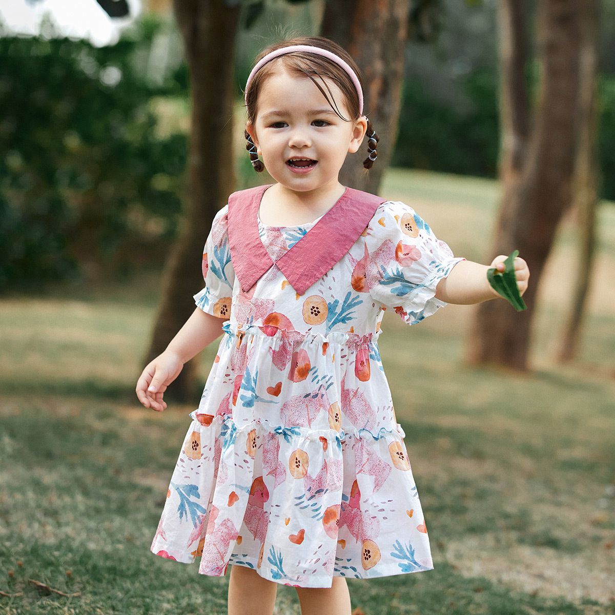 純棉公主袖連身洋裝-繽紛花花-粉+白