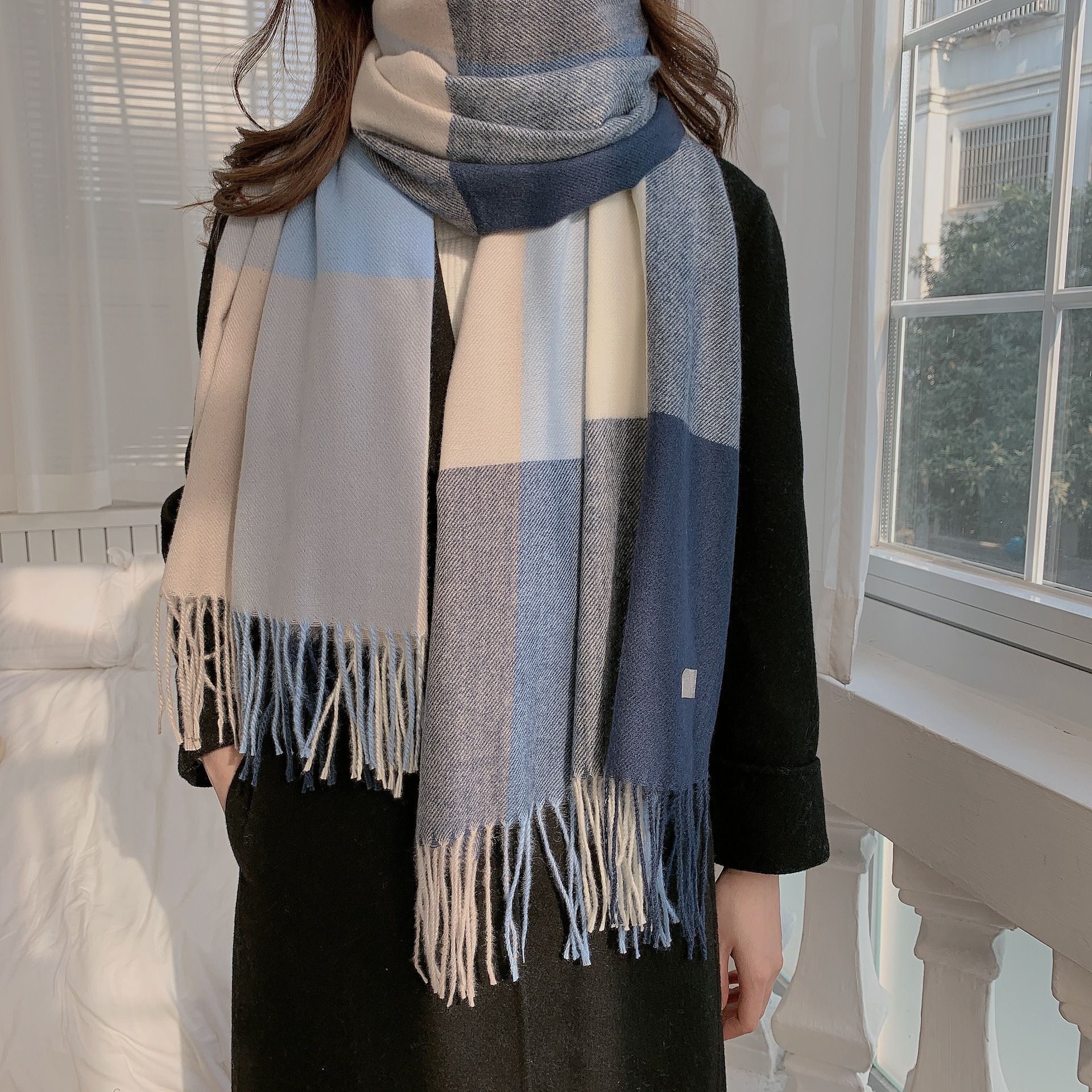 韓系仿羊絨大格子暖暖圍巾-粉+深酒紅 (200x70cm)