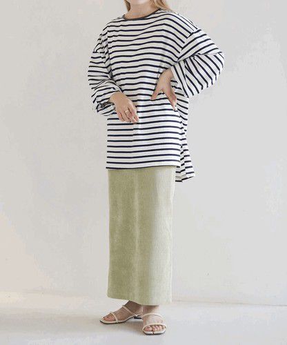 日本 Bou Jeloud - 百搭落肩長袖上衣-條紋-粉