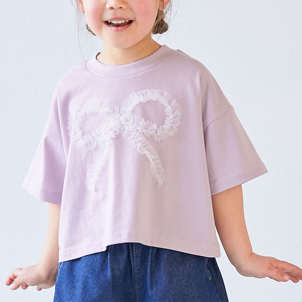 俏麗薄紗點綴短袖上衣-蝴蝶結-紫丁香