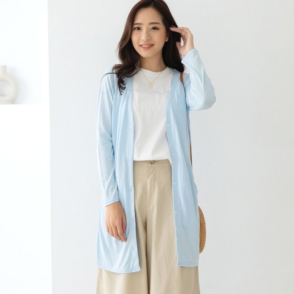 貝柔 Peilou - 日本水潤白抗UV保濕防曬長版罩衫-V領長版-水晶藍
