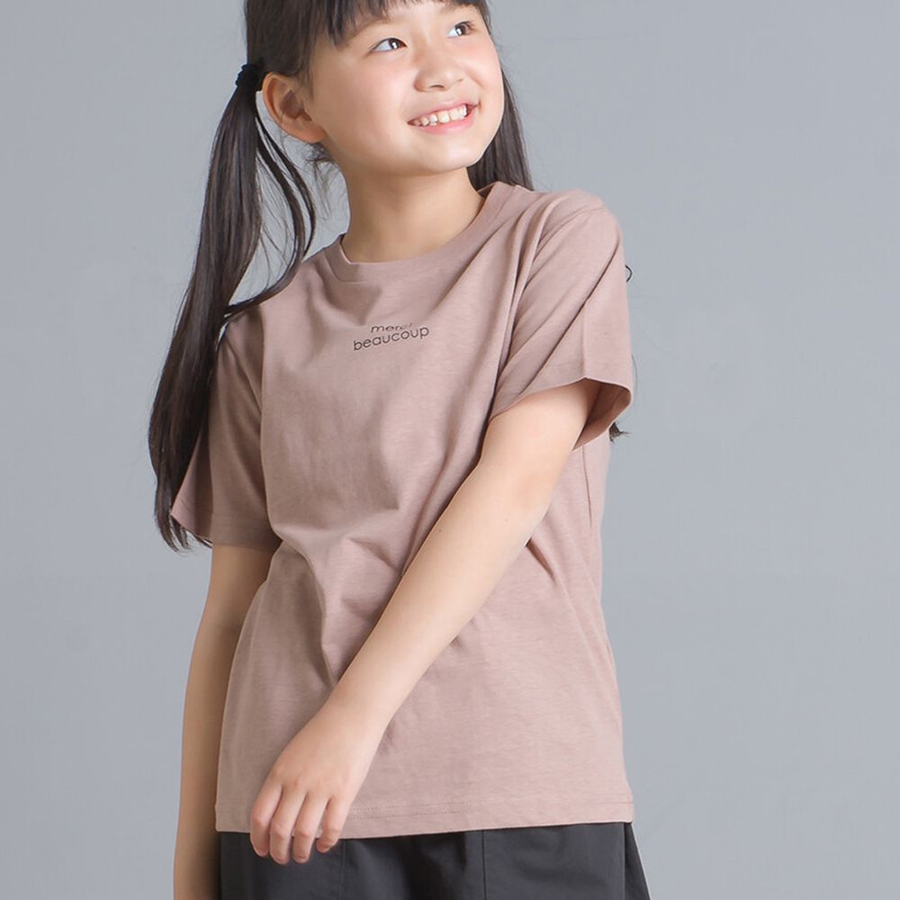 日本 OMNES - 棉麻舒適透氣印花短袖上衣(兒童)-粉杏