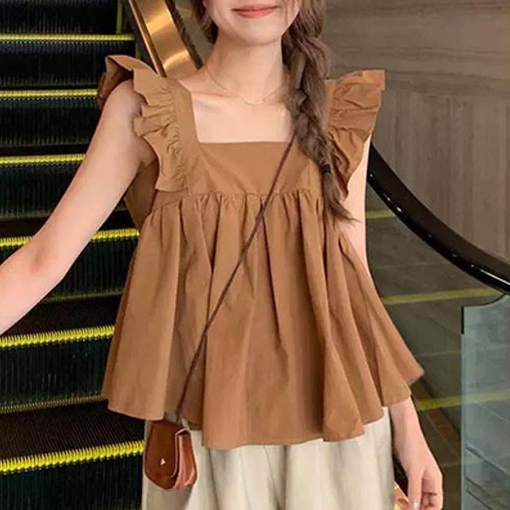 甜美荷葉背後綁帶傘狀背心-焦糖棕 (M)