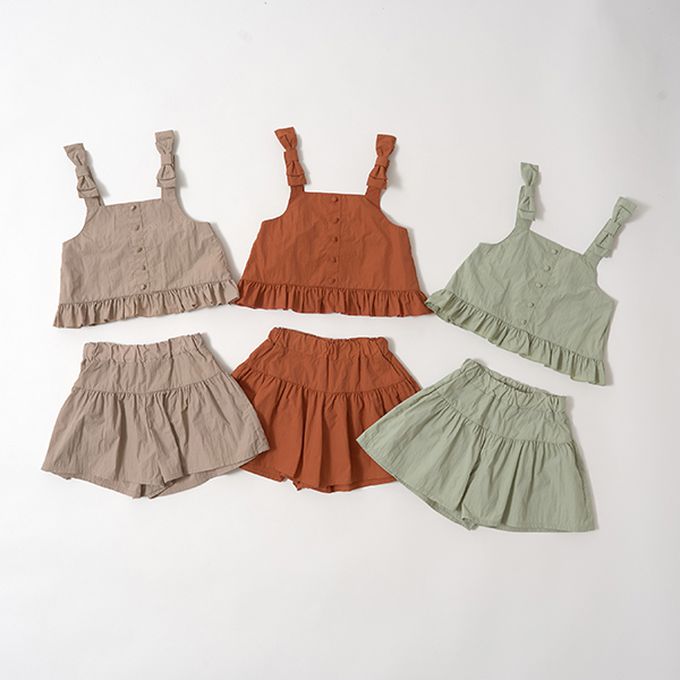 日本 Lycee mine - 可愛吊帶上衣+蓬蓬短褲2件式套裝-卡其