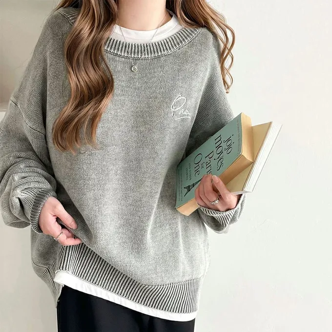 日本 Classical Elf - 厚磅棉復古刷色感logo長袖上衣-炭灰